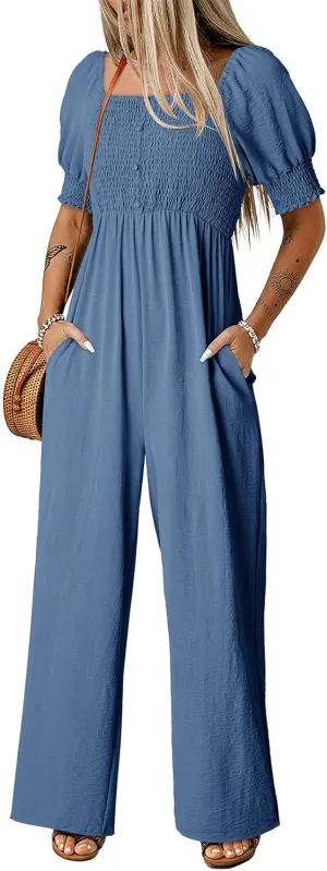 Dokotoo Jumpsuits for Women 2025 Summer Lantern Sleeves Rompers Wide Leg Casual Overalls with Pockets