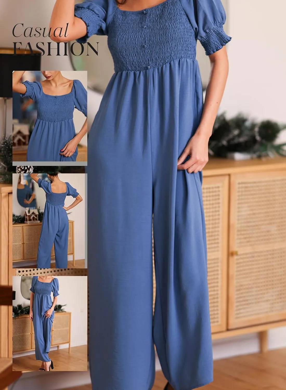 Dokotoo Jumpsuits for Women 2025 Summer Lantern Sleeves Rompers Wide Leg Casual Overalls with Pockets