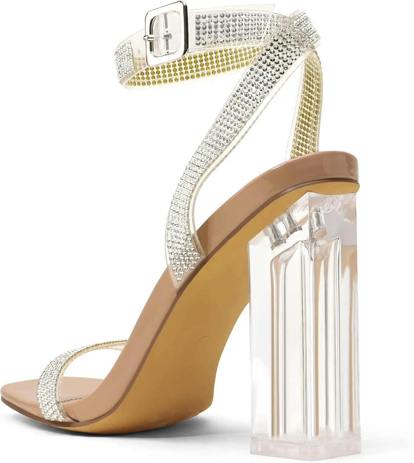 DREAM PAIRS Women's Chunky Clear High Heels Sandals, Rhinestone Ankle Strap Open Square Toe Block Heels Cute Sparkly Heels