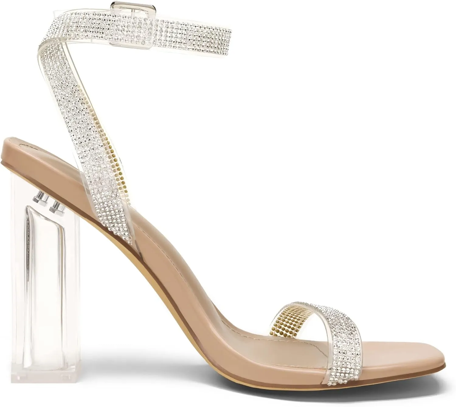 DREAM PAIRS Women's Chunky Clear High Heels Sandals, Rhinestone Ankle Strap Open Square Toe Block Heels Cute Sparkly Heels