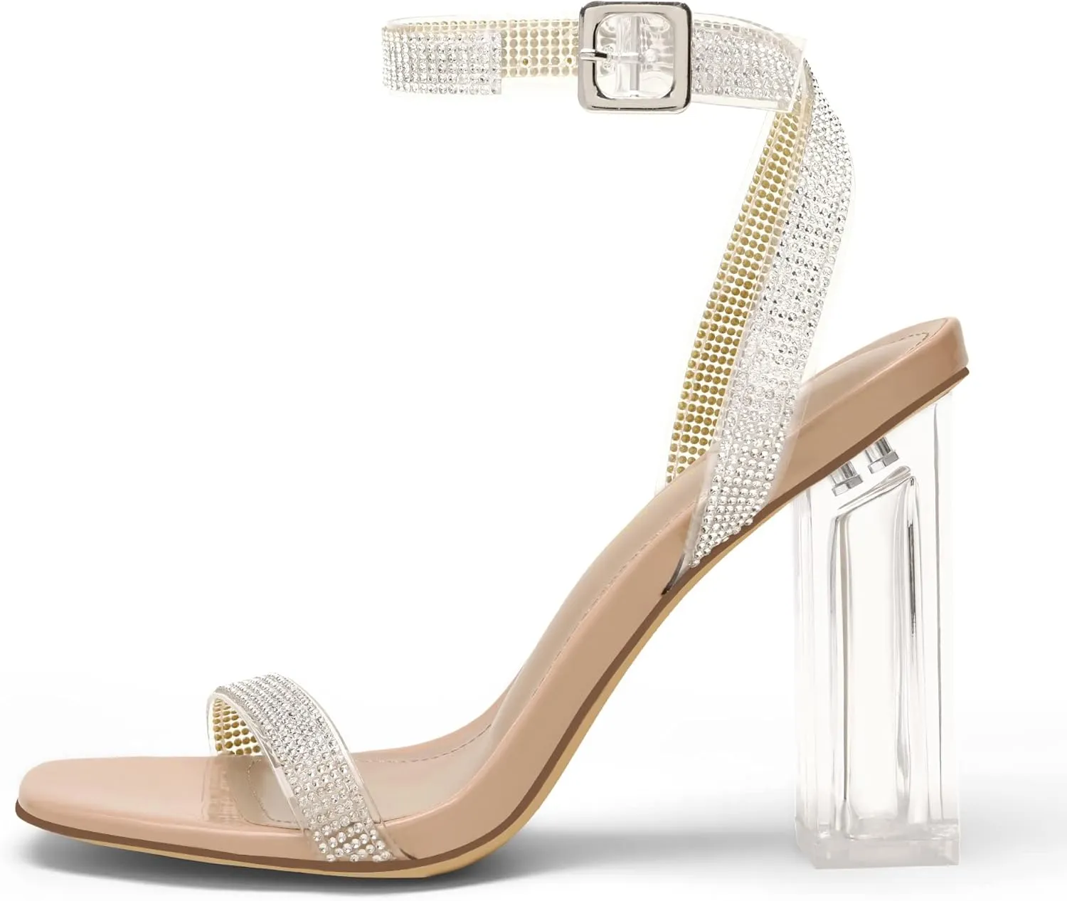 DREAM PAIRS Women's Chunky Clear High Heels Sandals, Rhinestone Ankle Strap Open Square Toe Block Heels Cute Sparkly Heels
