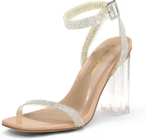 DREAM PAIRS Women's Chunky Clear High Heels Sandals, Rhinestone Ankle Strap Open Square Toe Block Heels Cute Sparkly Heels