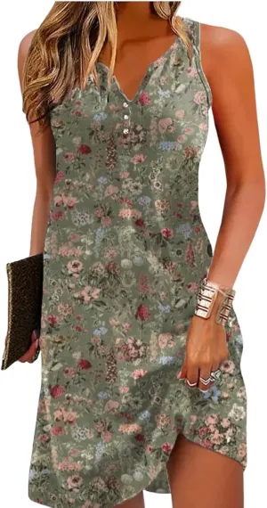 Dresses for Women 2025 Summer Print V Neck Sleeveless Dress Leisure Shift Mini Dress Sundresses
