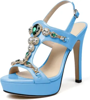 Eldof High Heel Platform Sandals for Women, Open Toe Ankle Strap Heeled Sandals with Rhinestones, T-Strap Pumps Shoes for Dress Party Evening Summer 4.9 Inch