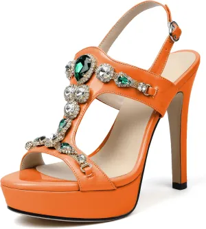 Eldof High Heel Platform Sandals for Women, Open Toe Ankle Strap Heeled Sandals with Rhinestones, T-Strap Pumps Shoes for Dress Party Evening Summer 4.9 Inch