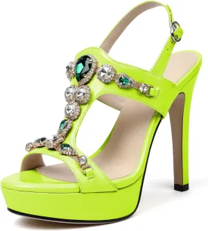 Eldof High Heel Platform Sandals for Women, Open Toe Ankle Strap Heeled Sandals with Rhinestones, T-Strap Pumps Shoes for Dress Party Evening Summer 4.9 Inch