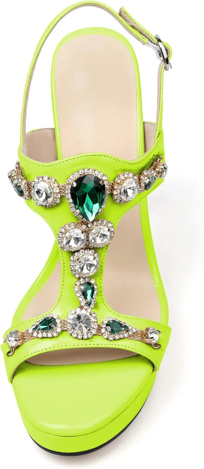 Eldof High Heel Platform Sandals for Women, Open Toe Ankle Strap Heeled Sandals with Rhinestones, T-Strap Pumps Shoes for Dress Party Evening Summer 4.9 Inch