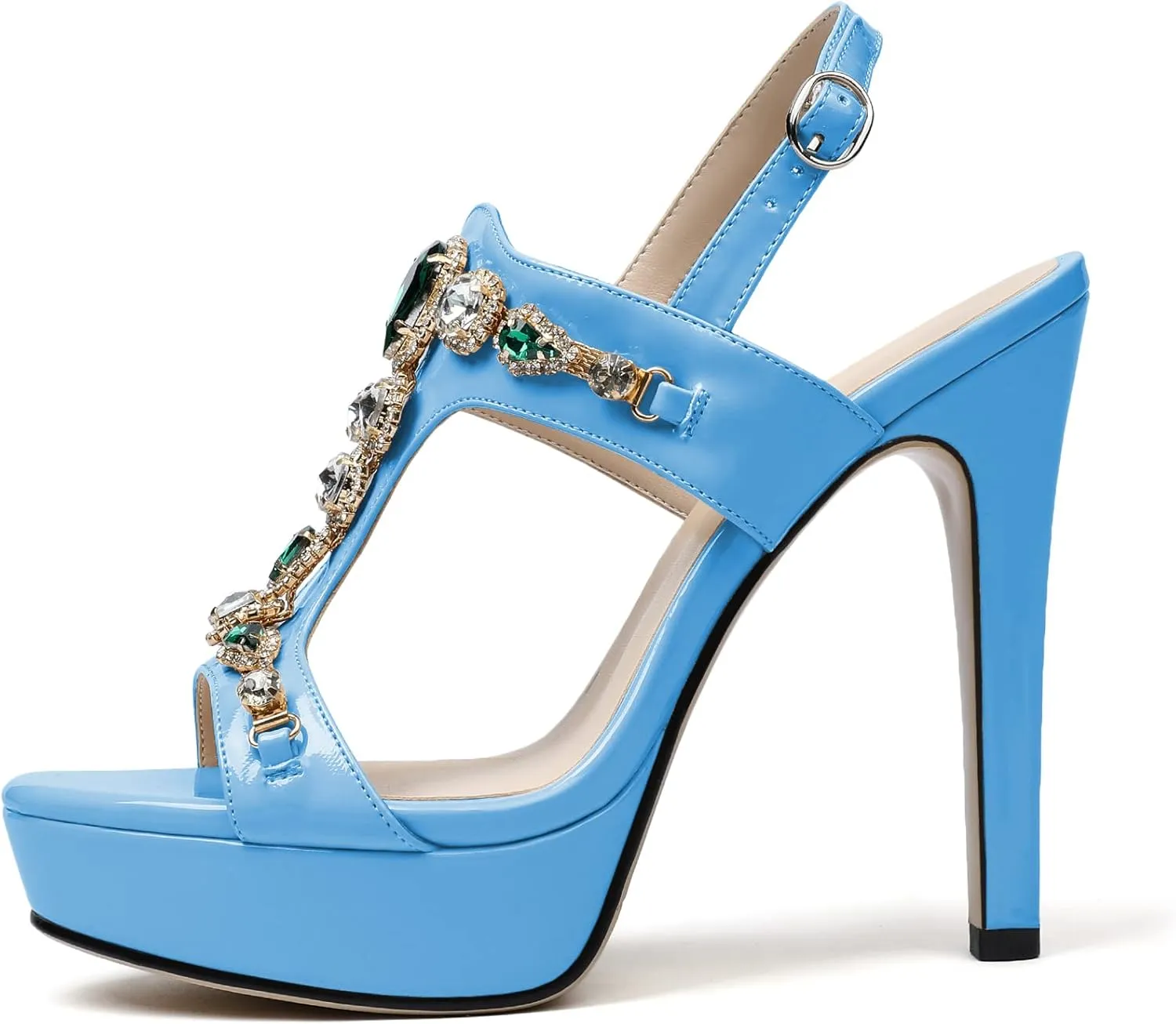 Eldof High Heel Platform Sandals for Women, Open Toe Ankle Strap Heeled Sandals with Rhinestones, T-Strap Pumps Shoes for Dress Party Evening Summer 4.9 Inch