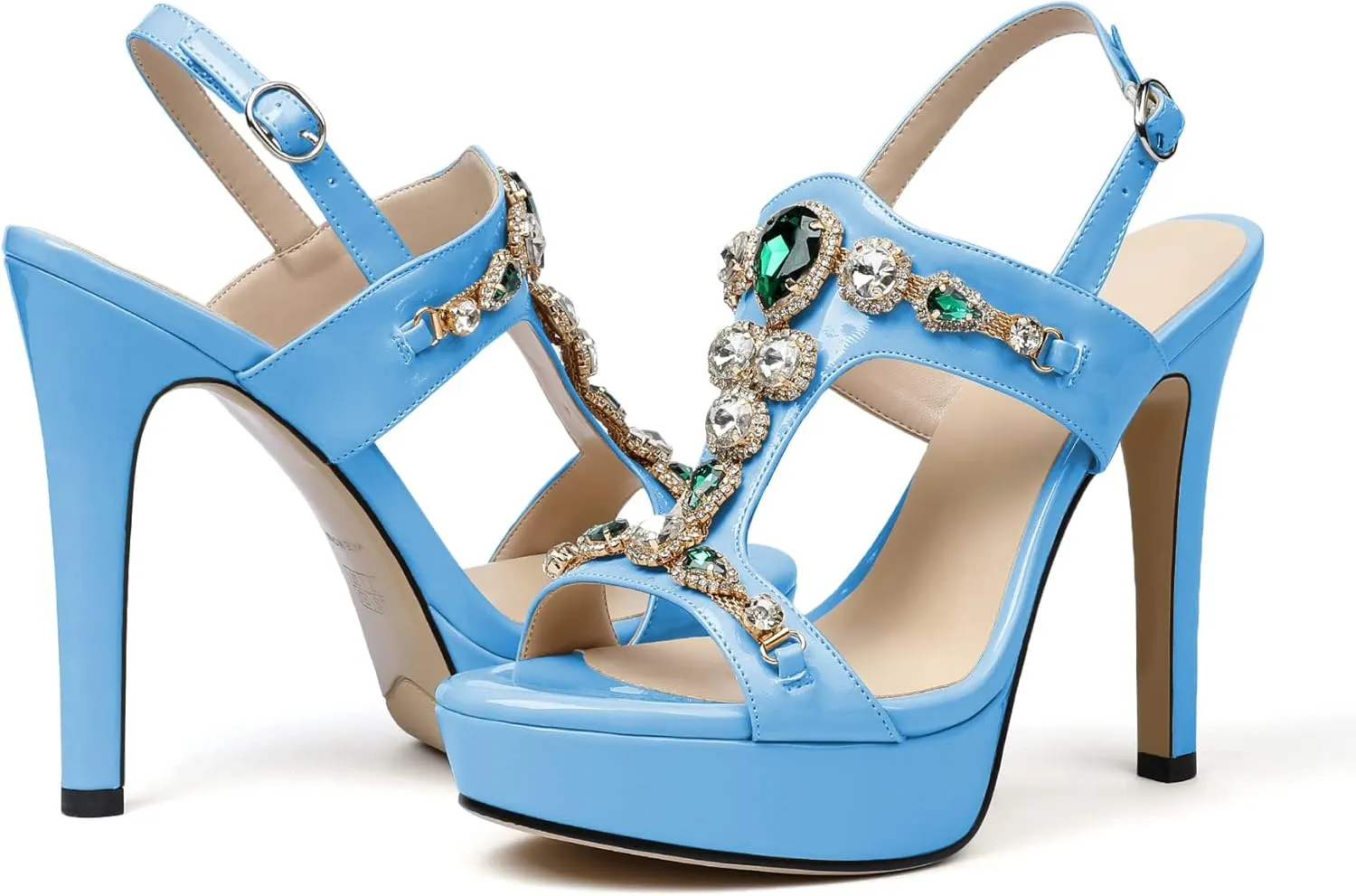 Eldof High Heel Platform Sandals for Women, Open Toe Ankle Strap Heeled Sandals with Rhinestones, T-Strap Pumps Shoes for Dress Party Evening Summer 4.9 Inch