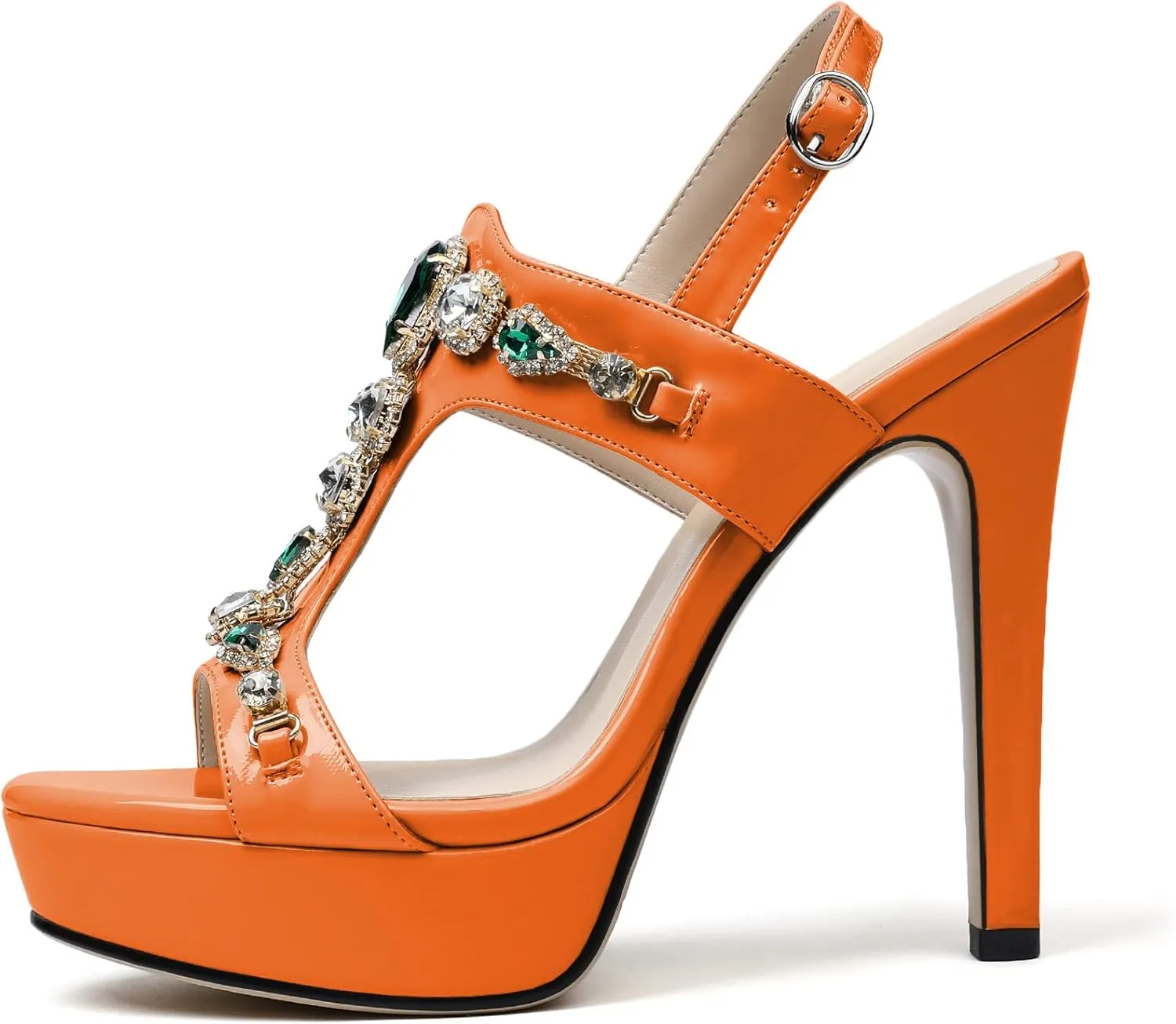 Eldof High Heel Platform Sandals for Women, Open Toe Ankle Strap Heeled Sandals with Rhinestones, T-Strap Pumps Shoes for Dress Party Evening Summer 4.9 Inch