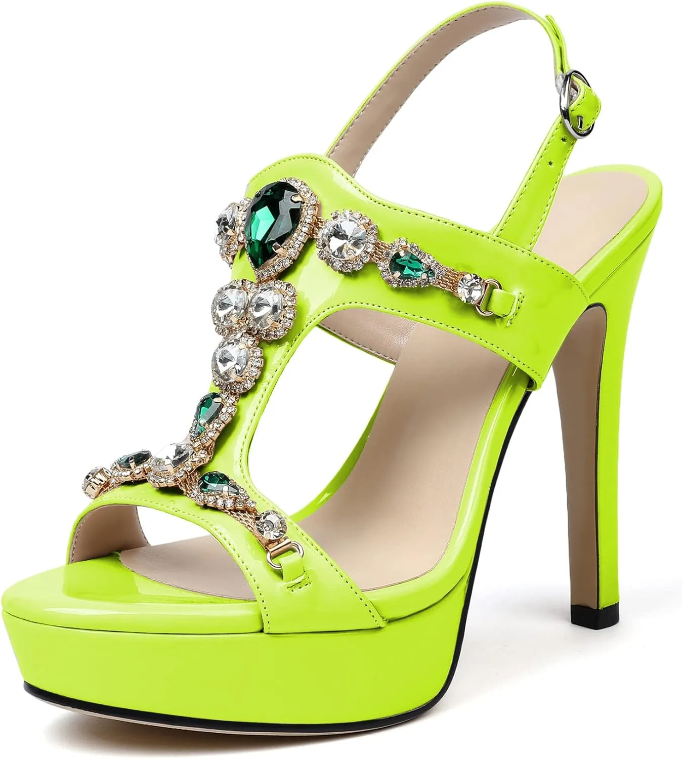 Eldof High Heel Platform Sandals for Women, Open Toe Ankle Strap Heeled Sandals with Rhinestones, T-Strap Pumps Shoes for Dress Party Evening Summer 4.9 Inch