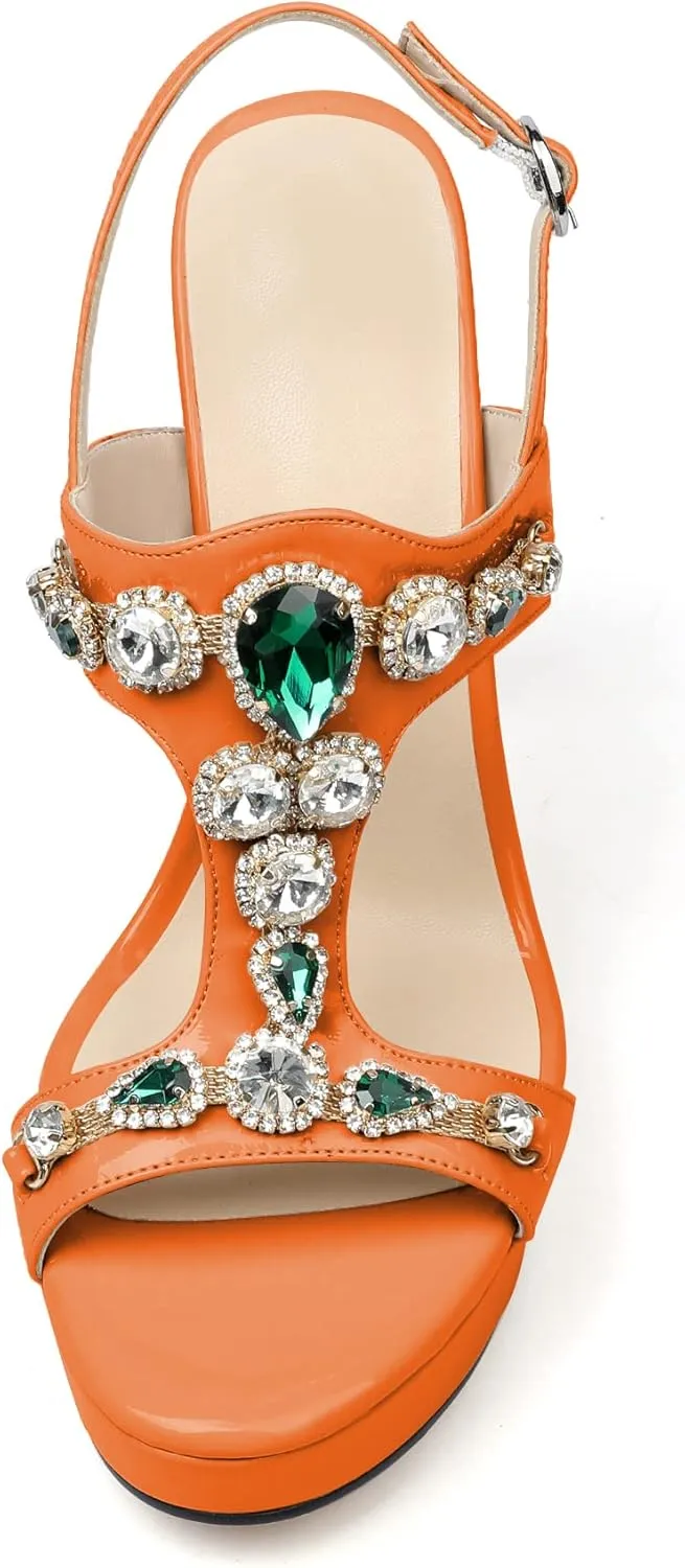 Eldof High Heel Platform Sandals for Women, Open Toe Ankle Strap Heeled Sandals with Rhinestones, T-Strap Pumps Shoes for Dress Party Evening Summer 4.9 Inch