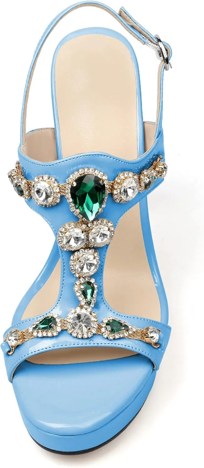 Eldof High Heel Platform Sandals for Women, Open Toe Ankle Strap Heeled Sandals with Rhinestones, T-Strap Pumps Shoes for Dress Party Evening Summer 4.9 Inch