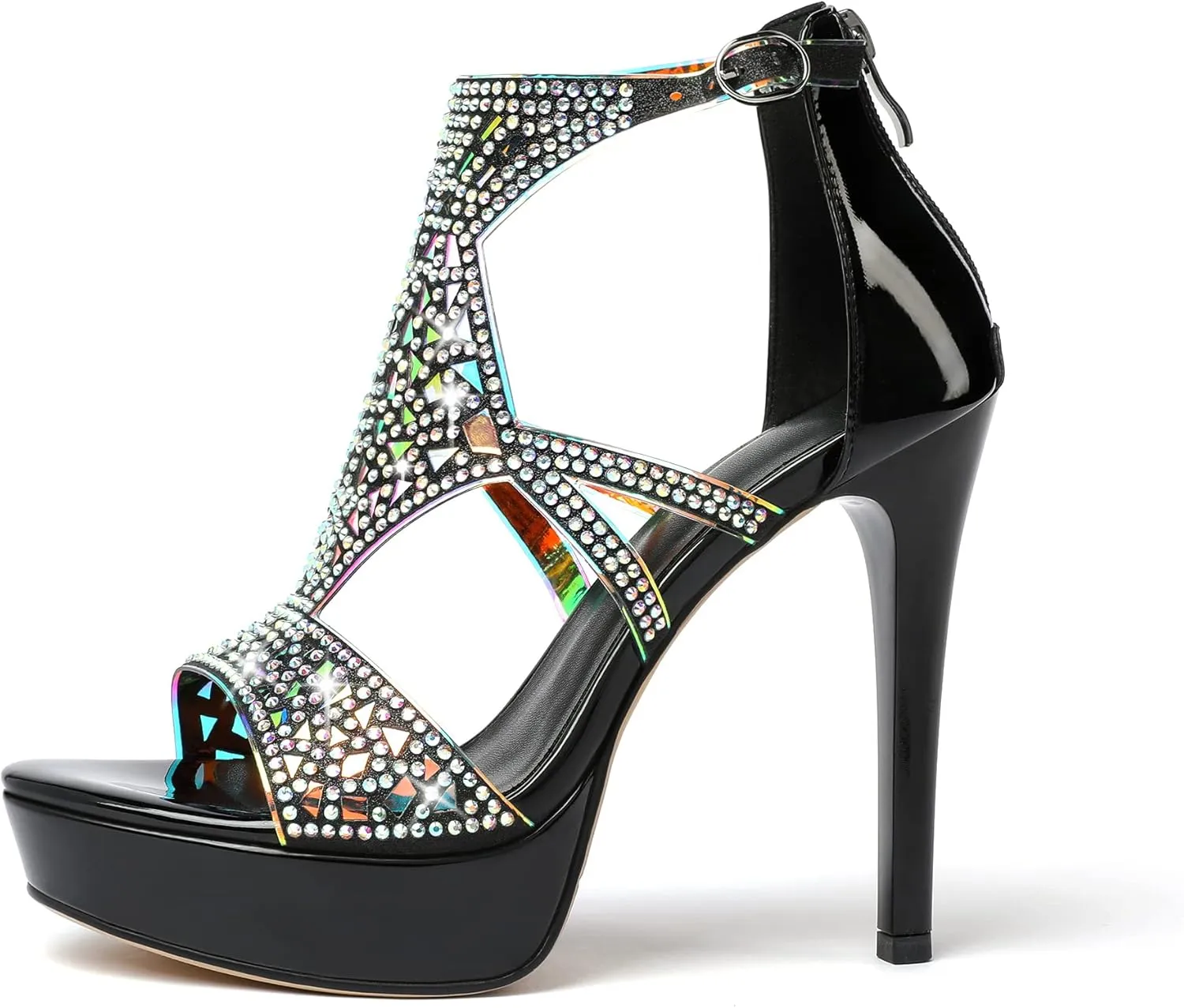 Eldof High Heeled Sandals for Women, Open Toe Strappy Platform Sandals, Cutout Gladiator Heels with Rinestones, Pumps Shoes for Dress Party Evening Summer