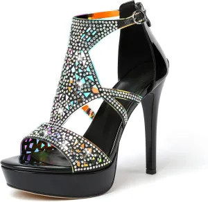 Eldof High Heeled Sandals for Women, Open Toe Strappy Platform Sandals, Cutout Gladiator Heels with Rinestones, Pumps Shoes for Dress Party Evening Summer