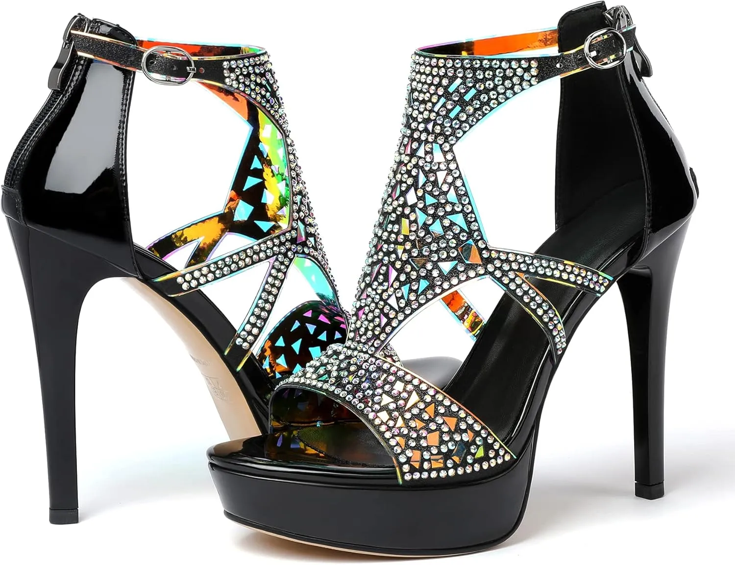Eldof High Heeled Sandals for Women, Open Toe Strappy Platform Sandals, Cutout Gladiator Heels with Rinestones, Pumps Shoes for Dress Party Evening Summer