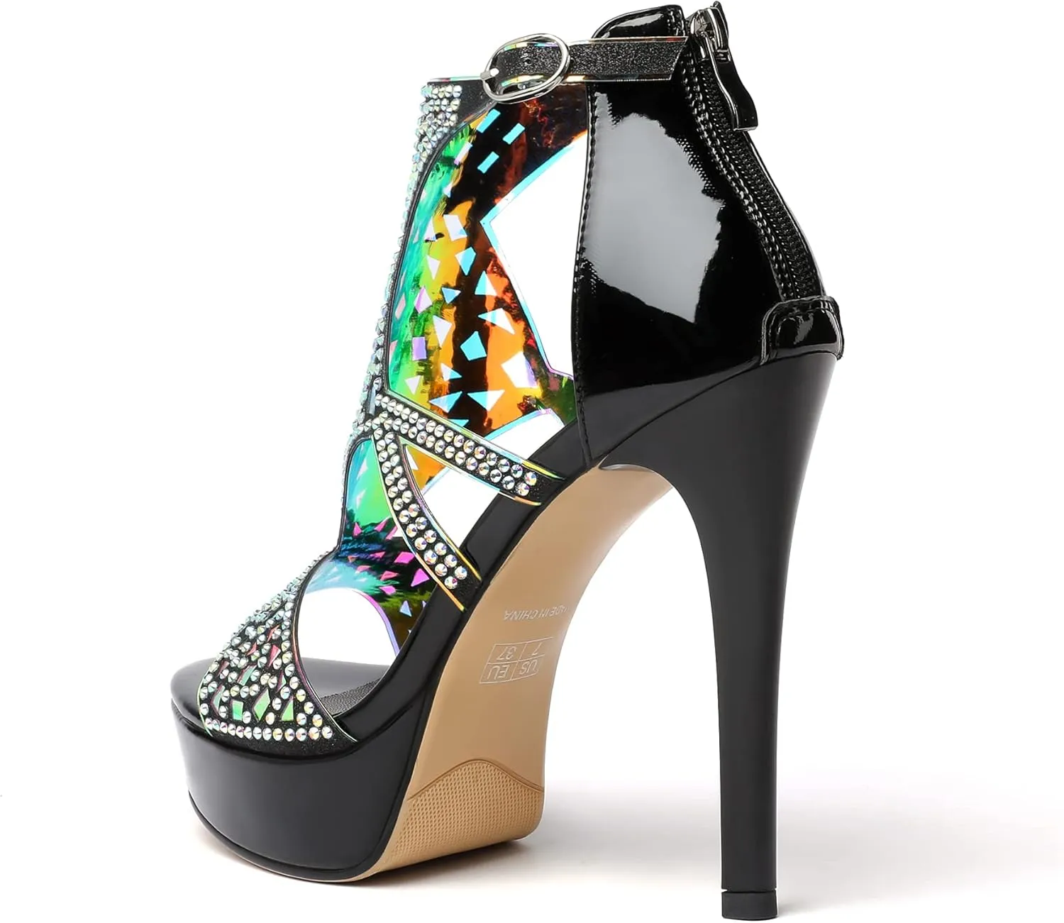 Eldof High Heeled Sandals for Women, Open Toe Strappy Platform Sandals, Cutout Gladiator Heels with Rinestones, Pumps Shoes for Dress Party Evening Summer