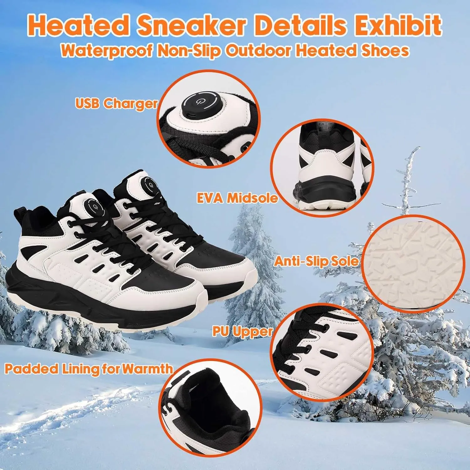 Electric Heated Shoes for Women Men - Rechargeable Heated Sneakers with 3 Heating Levels 4000mAh Battery Feet Warmers Non Slip Waterproof Heated Sports Shoes for Winter Outdoor Work Sports