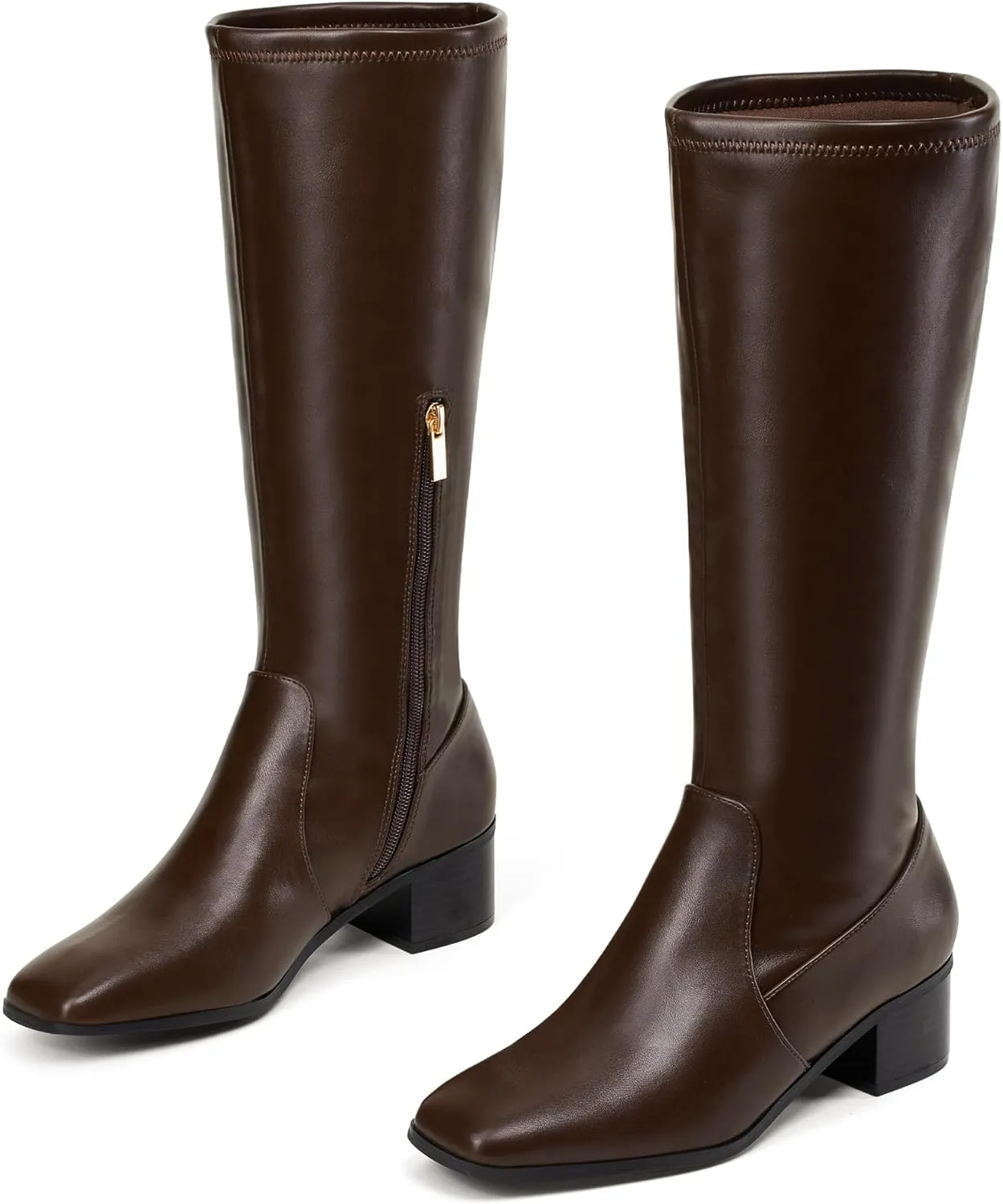 Elisabet Tang Knee High Boots for Women 2 inch Chunky Low Heel Boots Square Toe Side Zipper Fall Winter Comfort Boots