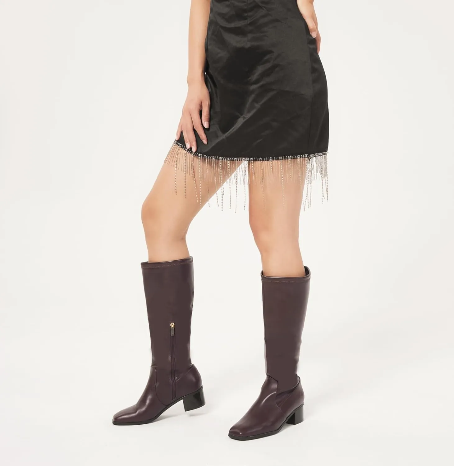 Elisabet Tang Knee High Boots for Women 2 inch Chunky Low Heel Boots Square Toe Side Zipper Fall Winter Comfort Boots