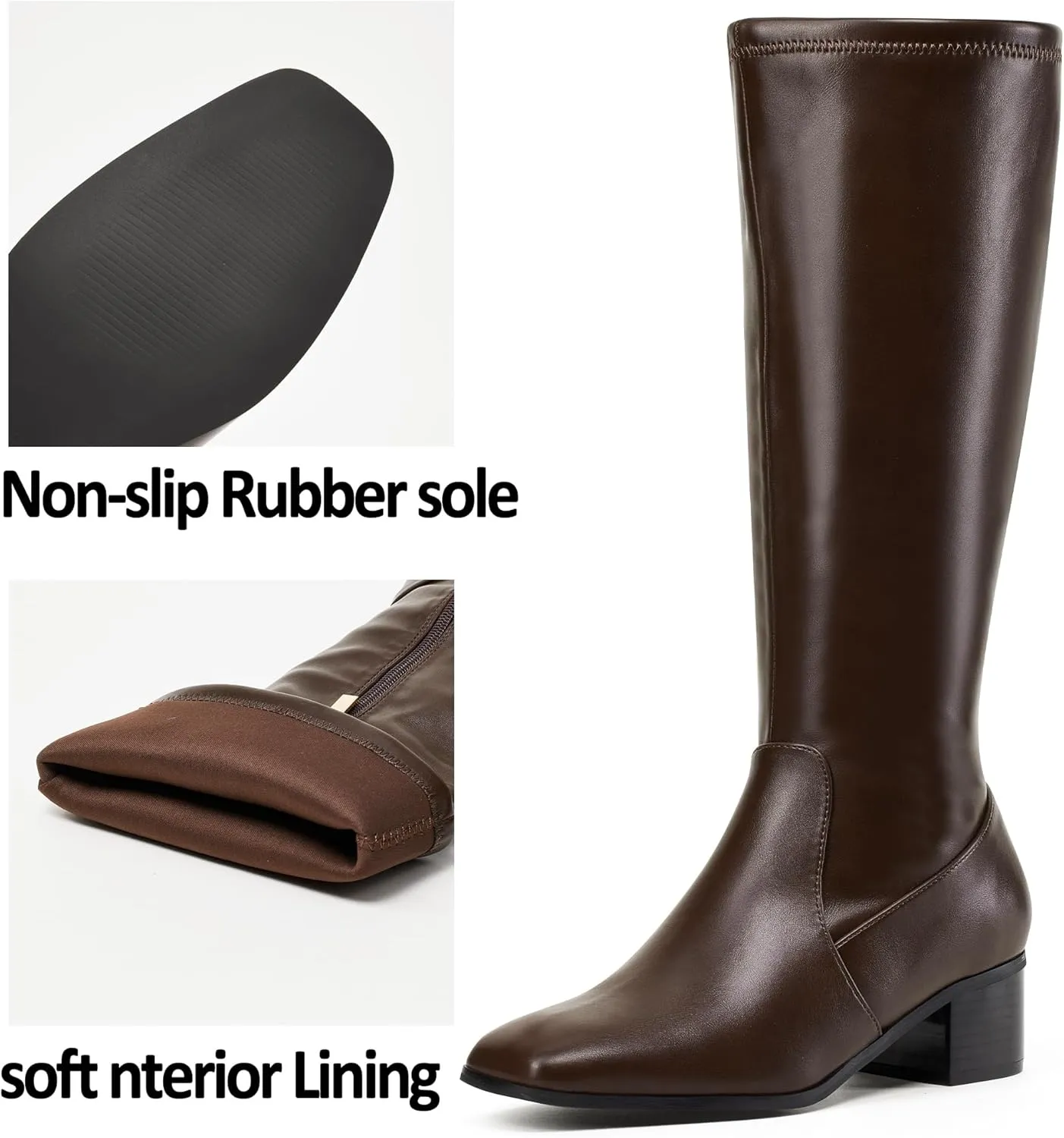 Elisabet Tang Knee High Boots for Women 2 inch Chunky Low Heel Boots Square Toe Side Zipper Fall Winter Comfort Boots