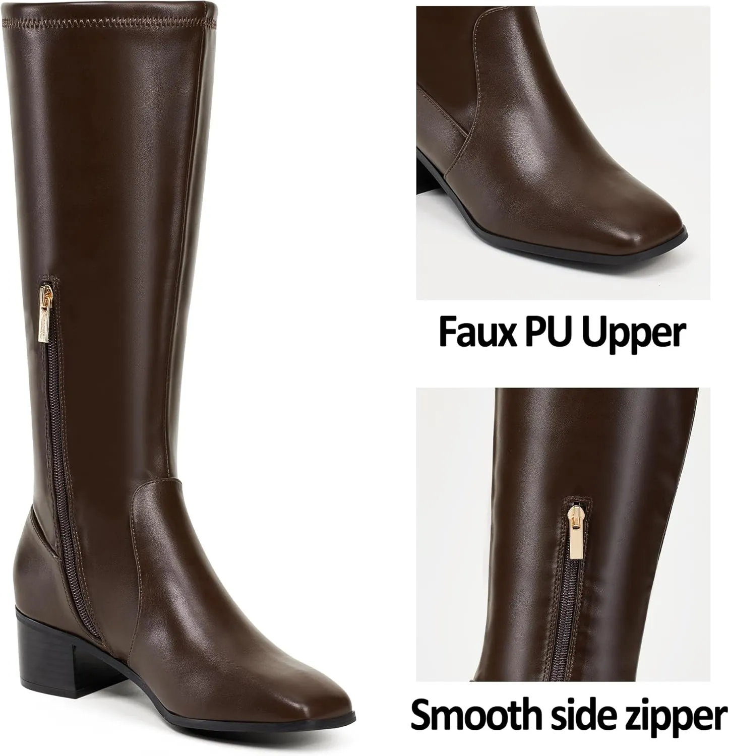 Elisabet Tang Knee High Boots for Women 2 inch Chunky Low Heel Boots Square Toe Side Zipper Fall Winter Comfort Boots