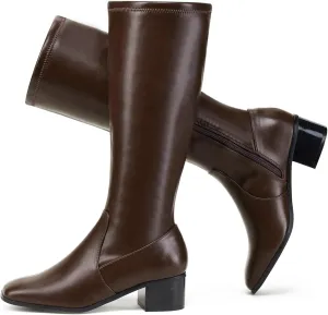 Elisabet Tang Knee High Boots for Women 2 inch Chunky Low Heel Boots Square Toe Side Zipper Fall Winter Comfort Boots