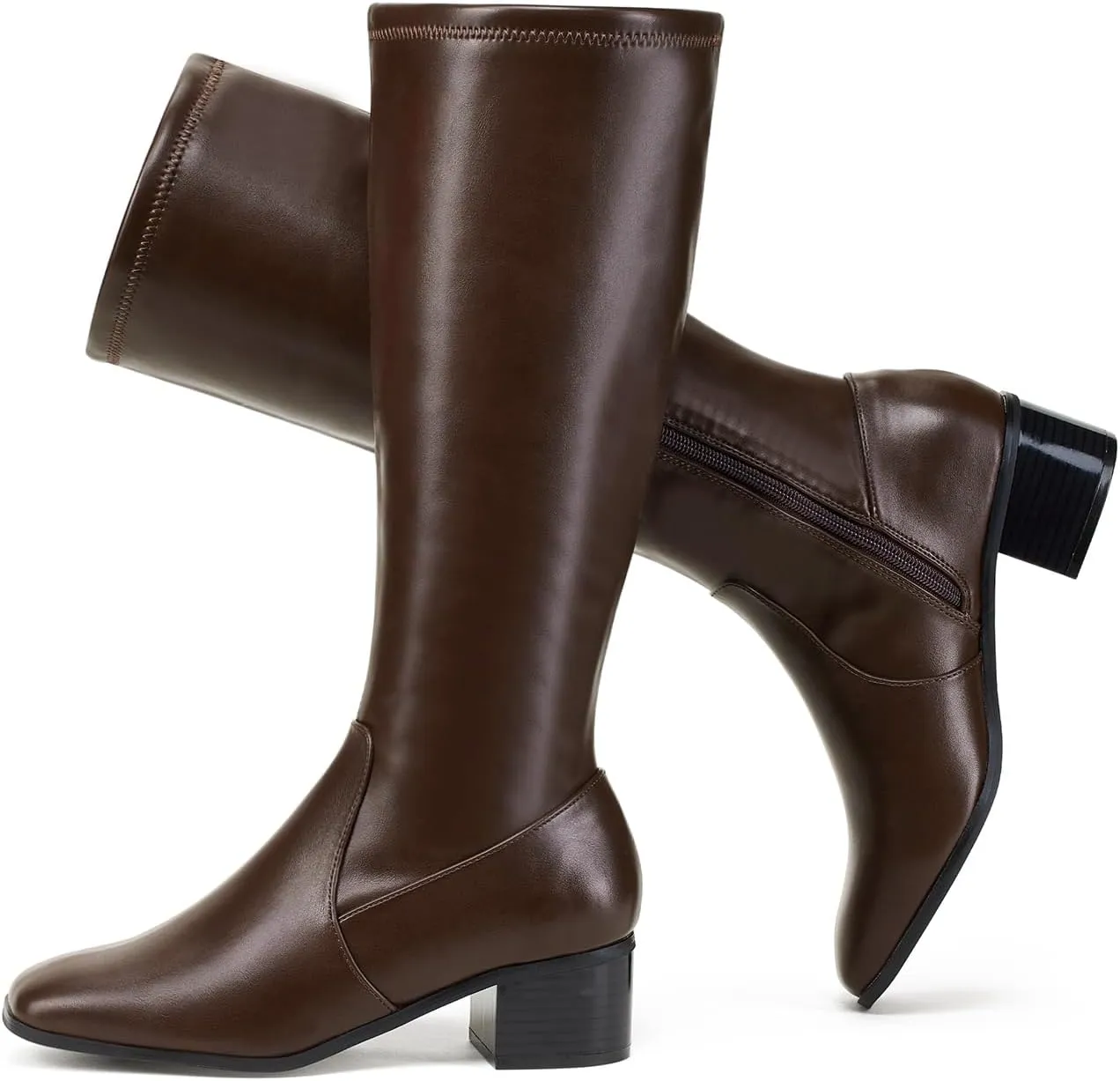 Elisabet Tang Knee High Boots for Women 2 inch Chunky Low Heel Boots Square Toe Side Zipper Fall Winter Comfort Boots