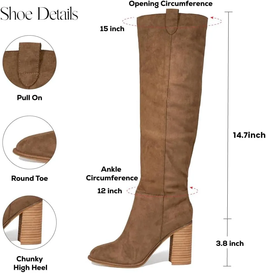 Erocalli Suede Knee-High Boots Fall Boot For Women Chunky Block High Heel Slouch Fashion Boot Round Toe Side Zipper…