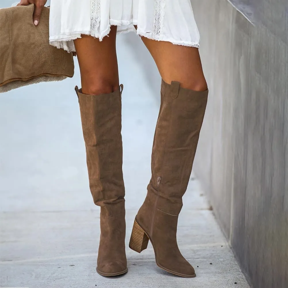 Erocalli Suede Knee-High Boots Fall Boot For Women Chunky Block High Heel Slouch Fashion Boot Round Toe Side Zipper…