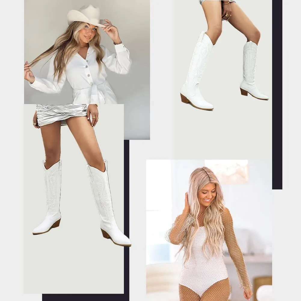Erocalli White Cowgirl Boot Cowboy Boots for Women Embroidered Pull-On Chunky Stacked Heel Knee High Western Boots