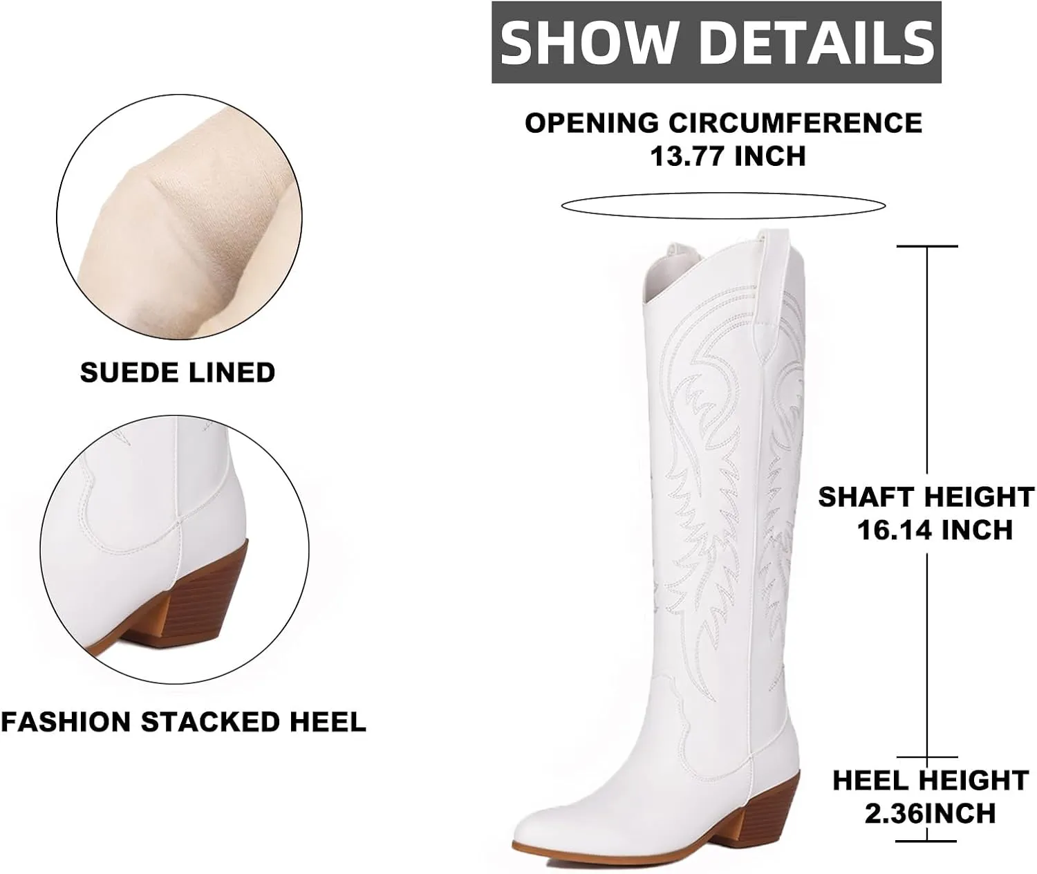 Erocalli White Cowgirl Boot Cowboy Boots for Women Embroidered Pull-On Chunky Stacked Heel Knee High Western Boots