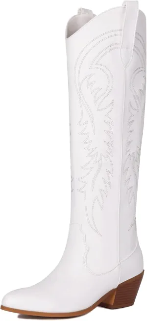Erocalli White Cowgirl Boot Cowboy Boots for Women Embroidered Pull-On Chunky Stacked Heel Knee High Western Boots
