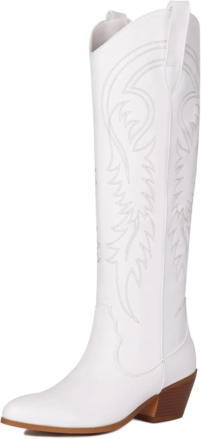 Erocalli White Cowgirl Boot Cowboy Boots for Women Embroidered Pull-On Chunky Stacked Heel Knee High Western Boots