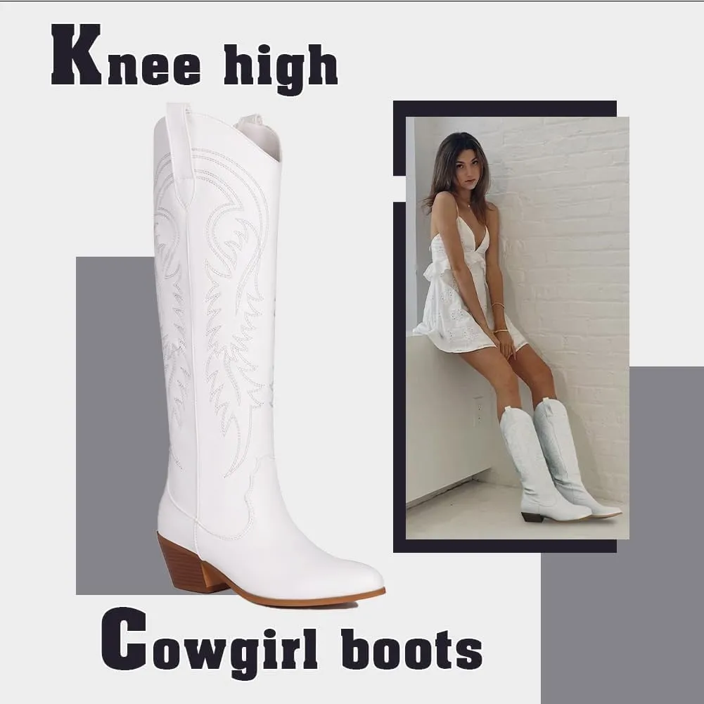 Erocalli White Cowgirl Boot Cowboy Boots for Women Embroidered Pull-On Chunky Stacked Heel Knee High Western Boots