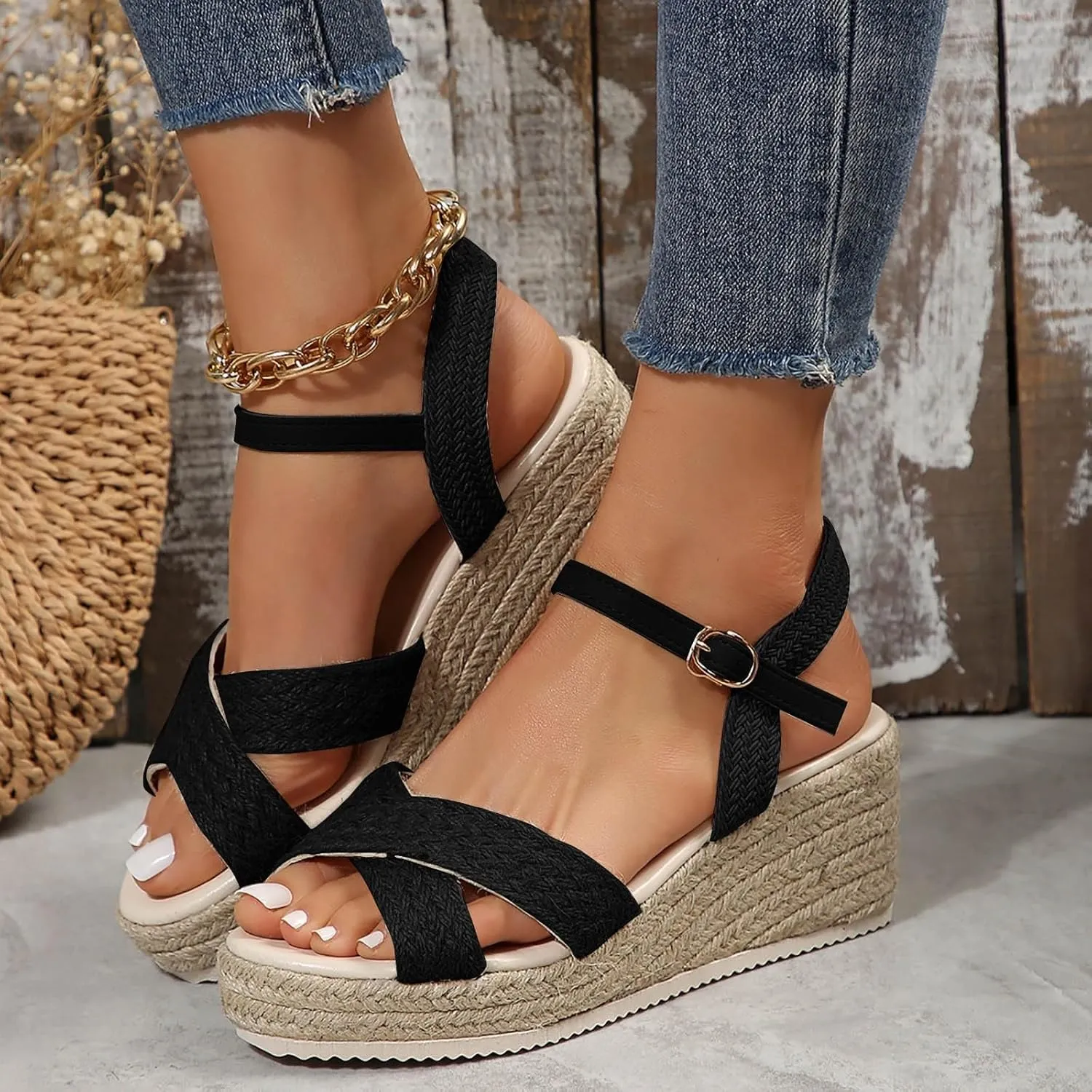 Espadrilles Wedges for Women 2025 Non Slip Platform Sandals Slingback Strappy Dressy Sandals Open Toe Summer Sandals Buckle Ankle Strap Beach Outdoor Shoes Comfortable