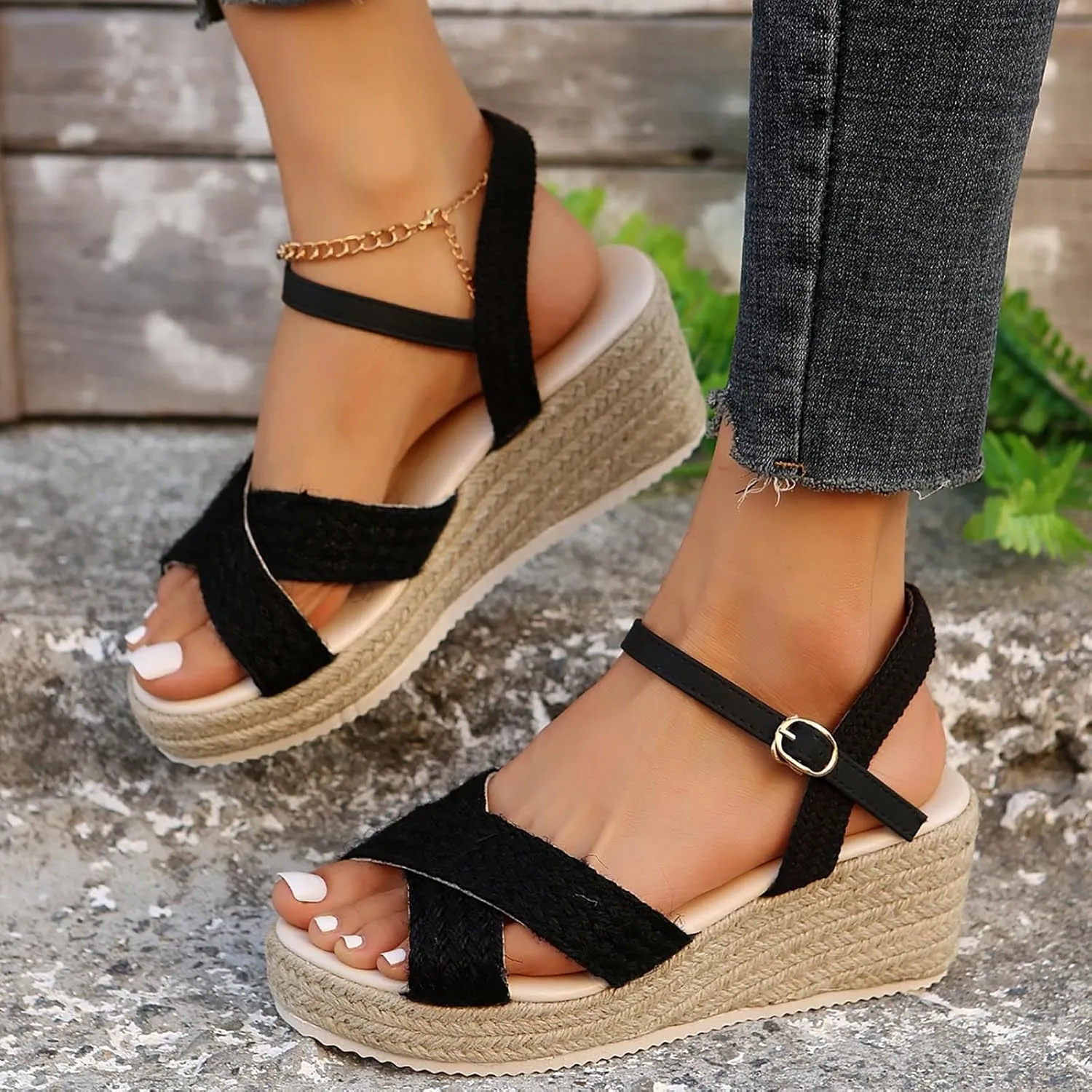 Espadrilles Wedges for Women 2025 Non Slip Platform Sandals Slingback Strappy Dressy Sandals Open Toe Summer Sandals Buckle Ankle Strap Beach Outdoor Shoes Comfortable