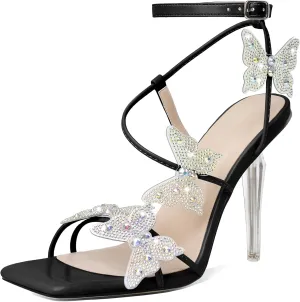 Esvowido High Heel Sandals for Women, Ankle Strap Butterfly Strappy Open Toe High Heels, Square Toe Clear Stiletto Heeled Sandals, Butterfly Heels 4 Inches