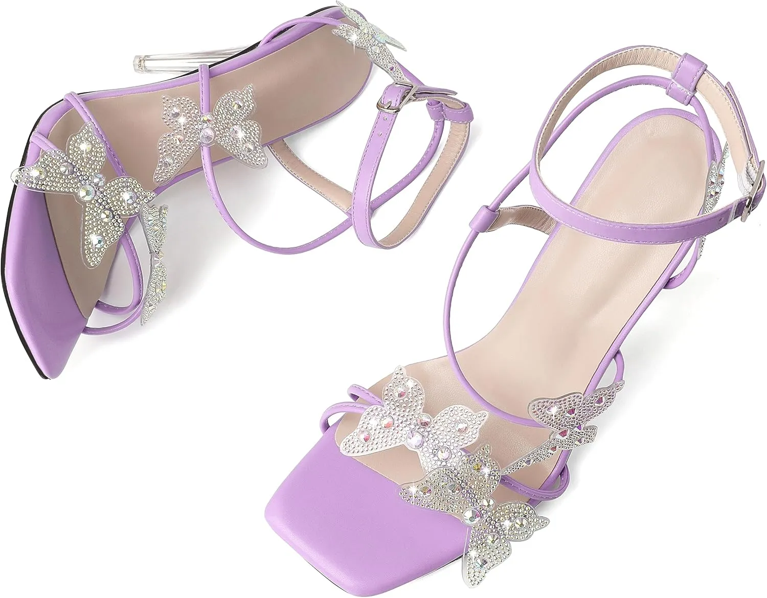 Esvowido High Heel Sandals for Women, Ankle Strap Butterfly Strappy Open Toe High Heels, Square Toe Clear Stiletto Heeled Sandals, Butterfly Heels 4 Inches