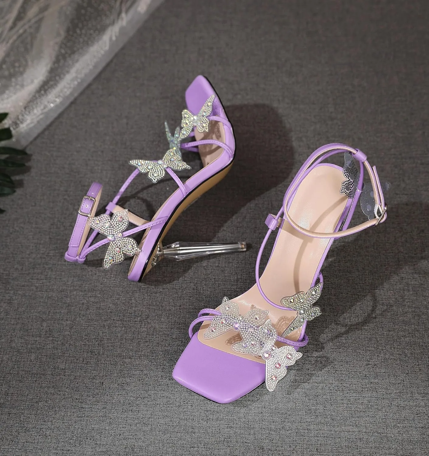 Esvowido High Heel Sandals for Women, Ankle Strap Butterfly Strappy Open Toe High Heels, Square Toe Clear Stiletto Heeled Sandals, Butterfly Heels 4 Inches