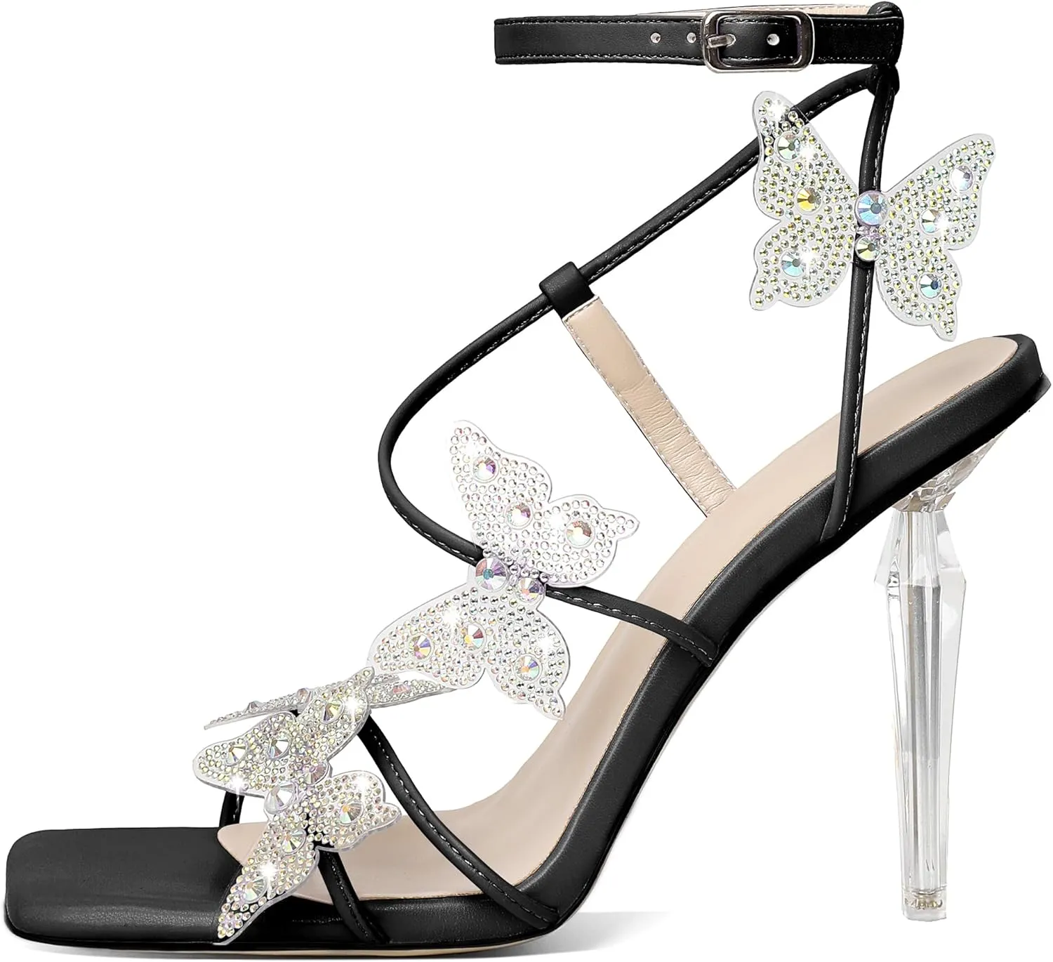 Esvowido High Heel Sandals for Women, Ankle Strap Butterfly Strappy Open Toe High Heels, Square Toe Clear Stiletto Heeled Sandals, Butterfly Heels 4 Inches