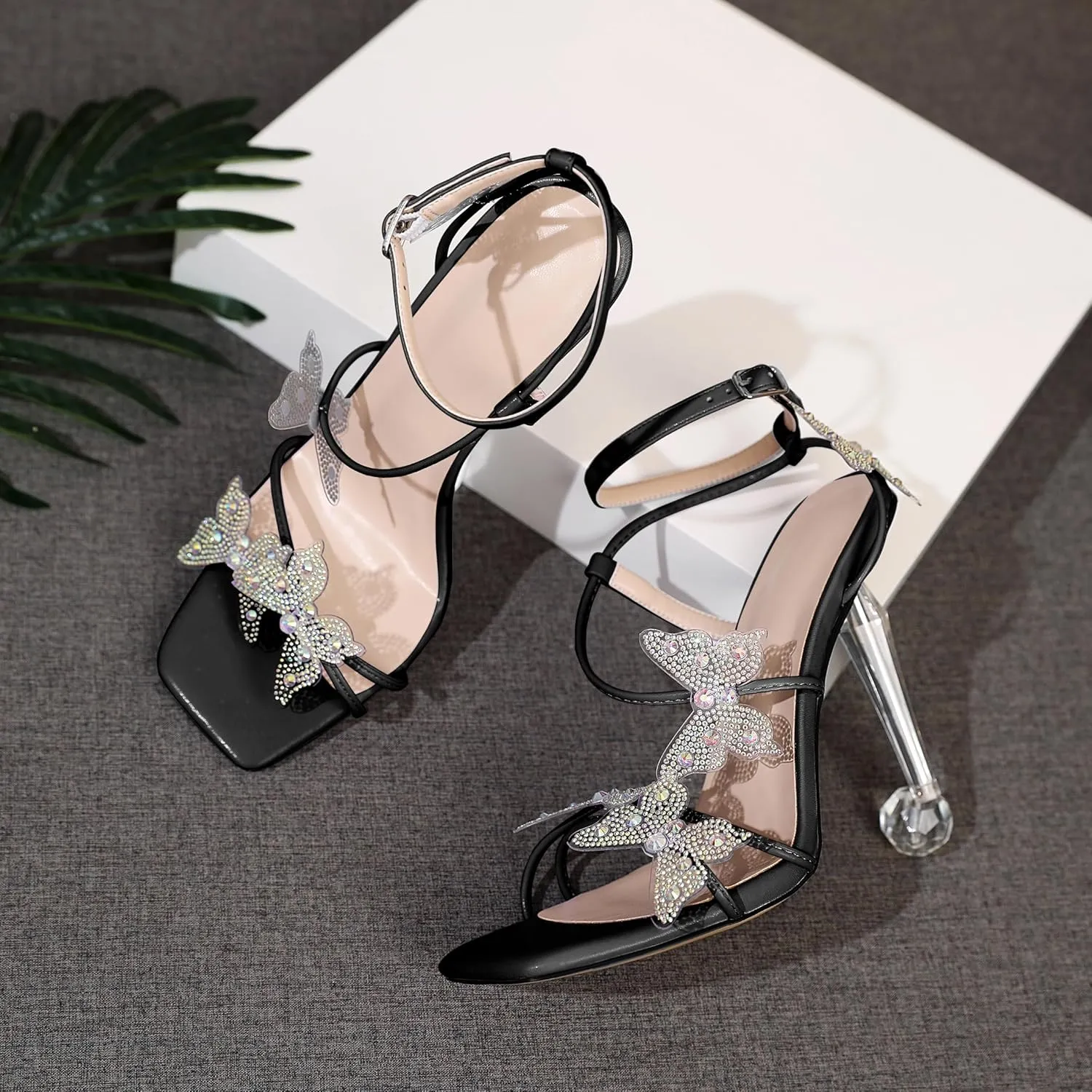 Esvowido High Heel Sandals for Women, Ankle Strap Butterfly Strappy Open Toe High Heels, Square Toe Clear Stiletto Heeled Sandals, Butterfly Heels 4 Inches
