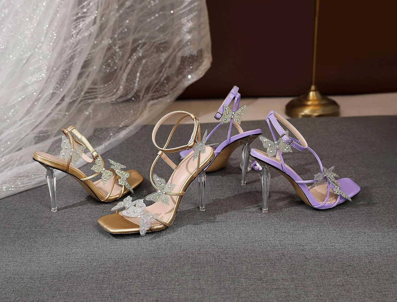 Esvowido High Heel Sandals for Women, Ankle Strap Butterfly Strappy Open Toe High Heels, Square Toe Clear Stiletto Heeled Sandals, Butterfly Heels 4 Inches