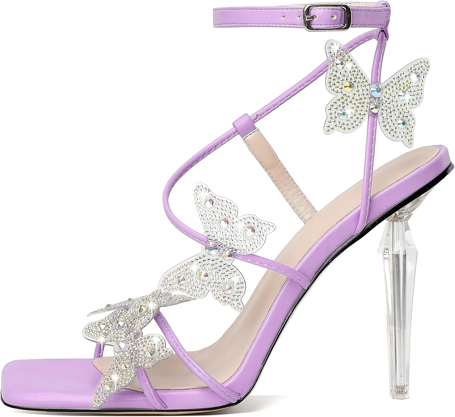 Esvowido High Heel Sandals for Women, Ankle Strap Butterfly Strappy Open Toe High Heels, Square Toe Clear Stiletto Heeled Sandals, Butterfly Heels 4 Inches