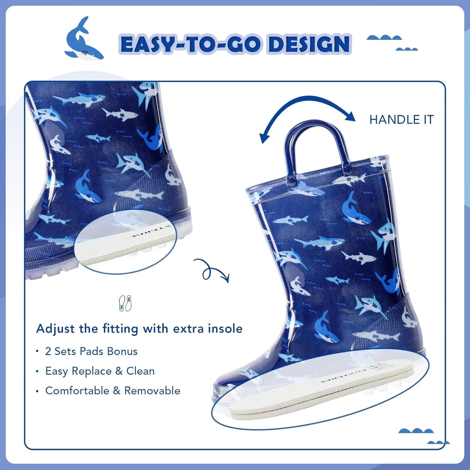 EUXTERPA Kids Toddler Light Up Rain Boots Boys Girls Waterproof Patterns and Glitter Boots with Easy On Handles