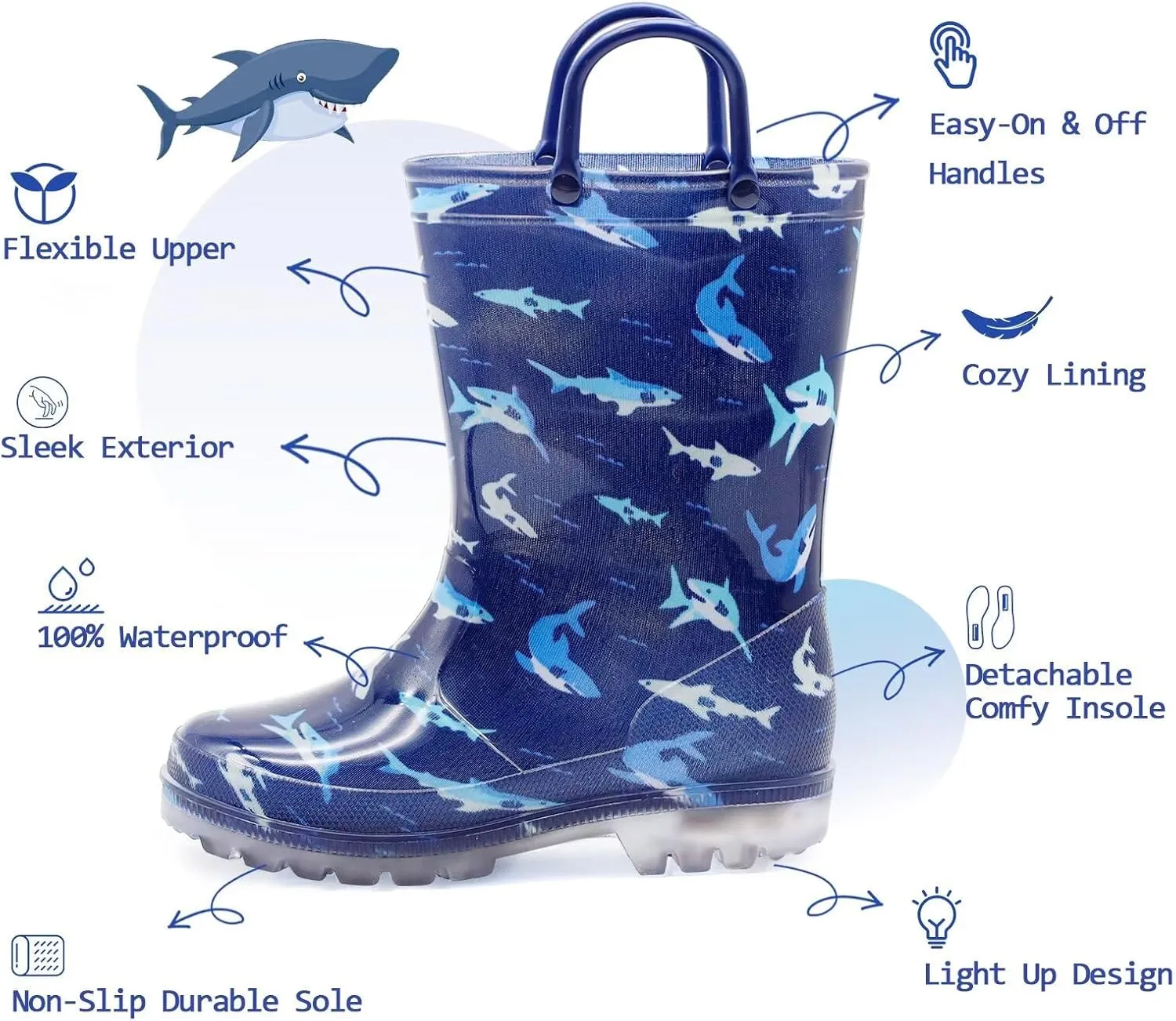EUXTERPA Kids Toddler Light Up Rain Boots Boys Girls Waterproof Patterns and Glitter Boots with Easy On Handles
