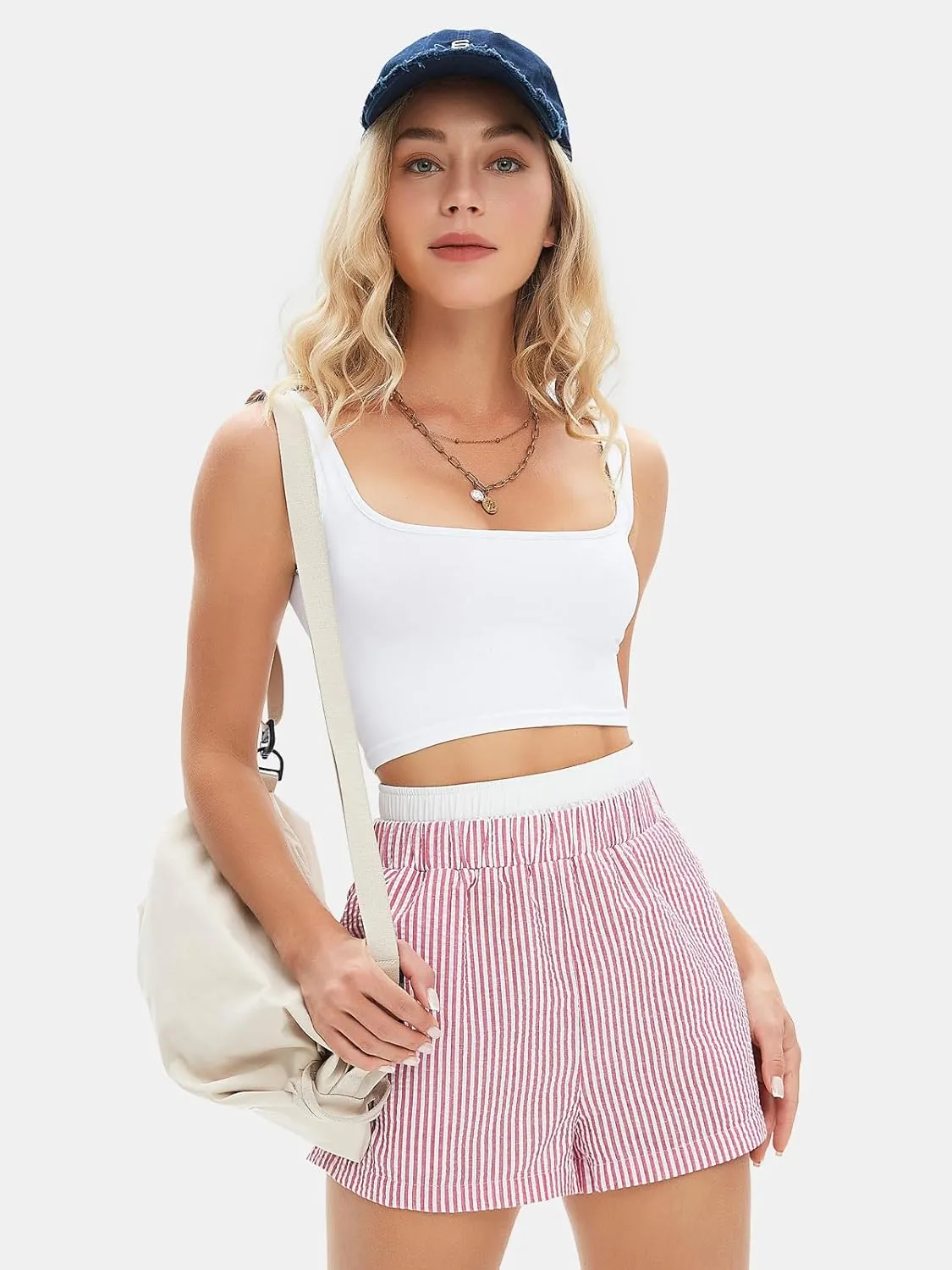 EXLURA Women's Stripe Print Exposed Boxer Shorts Elastic High Waisted Wide Leg Y2K Workout Gym Shorts