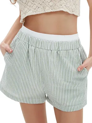 EXLURA Women's Stripe Print Exposed Boxer Shorts Elastic High Waisted Wide Leg Y2K Workout Gym Shorts