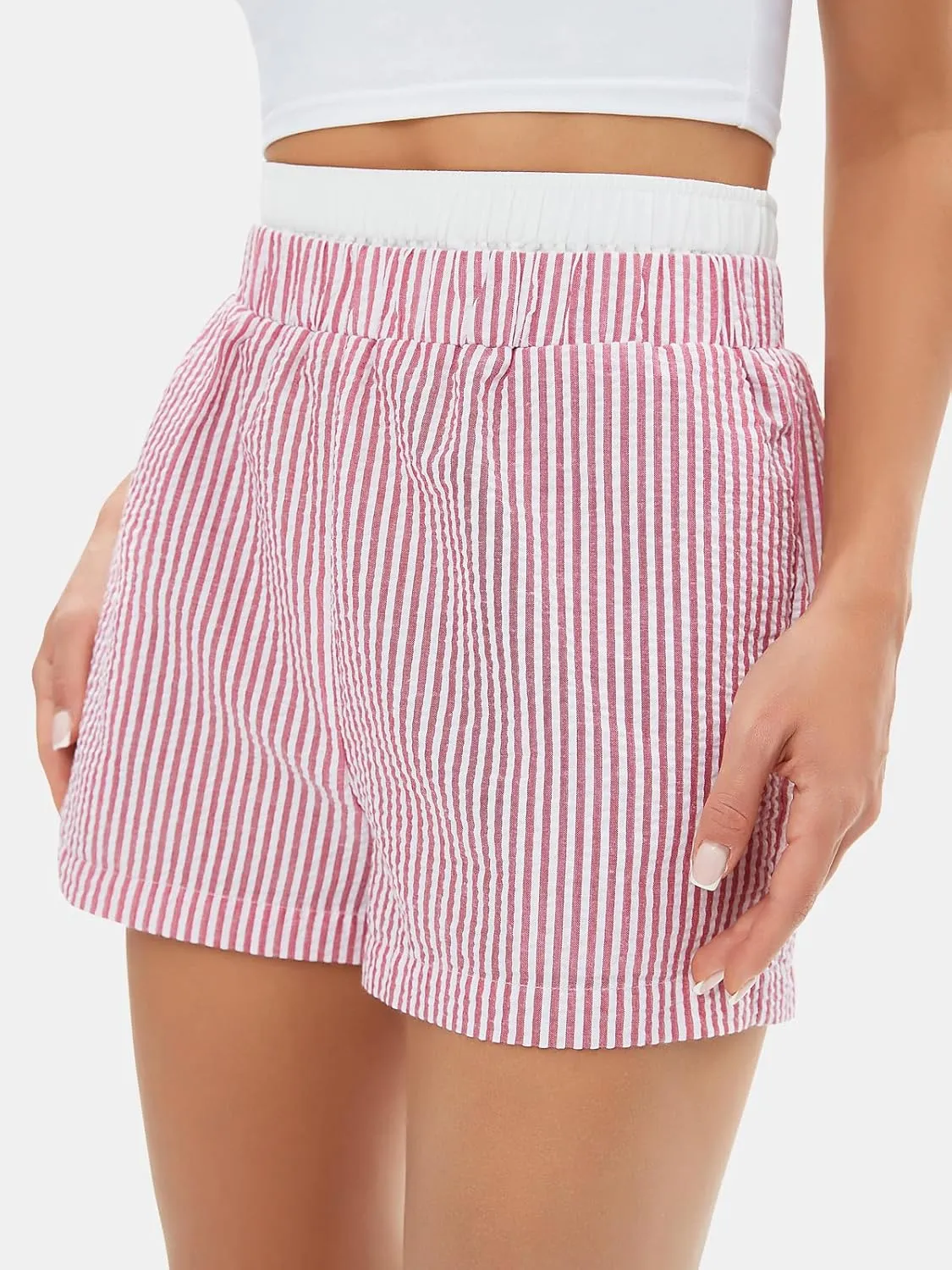 EXLURA Women's Stripe Print Exposed Boxer Shorts Elastic High Waisted Wide Leg Y2K Workout Gym Shorts