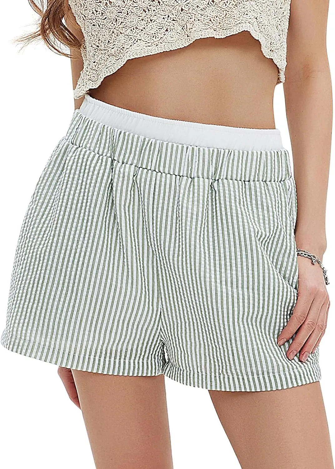 EXLURA Women's Stripe Print Exposed Boxer Shorts Elastic High Waisted Wide Leg Y2K Workout Gym Shorts